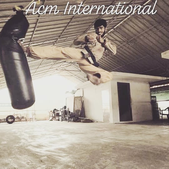 Martial artist expressing fighting spirit through powerful technique and focused intensity