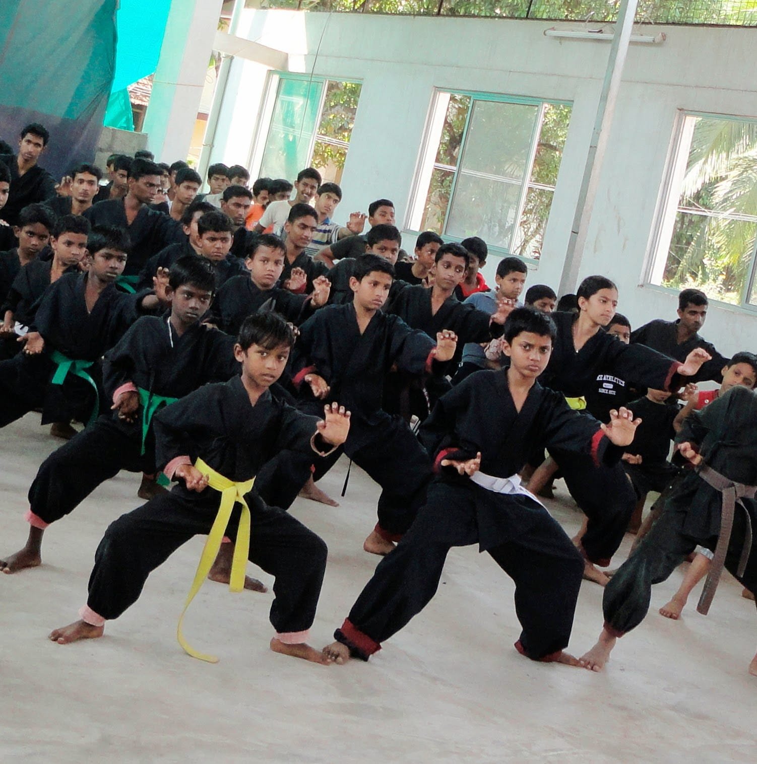 Traditional martial arts formation with students in disciplined group arrangement